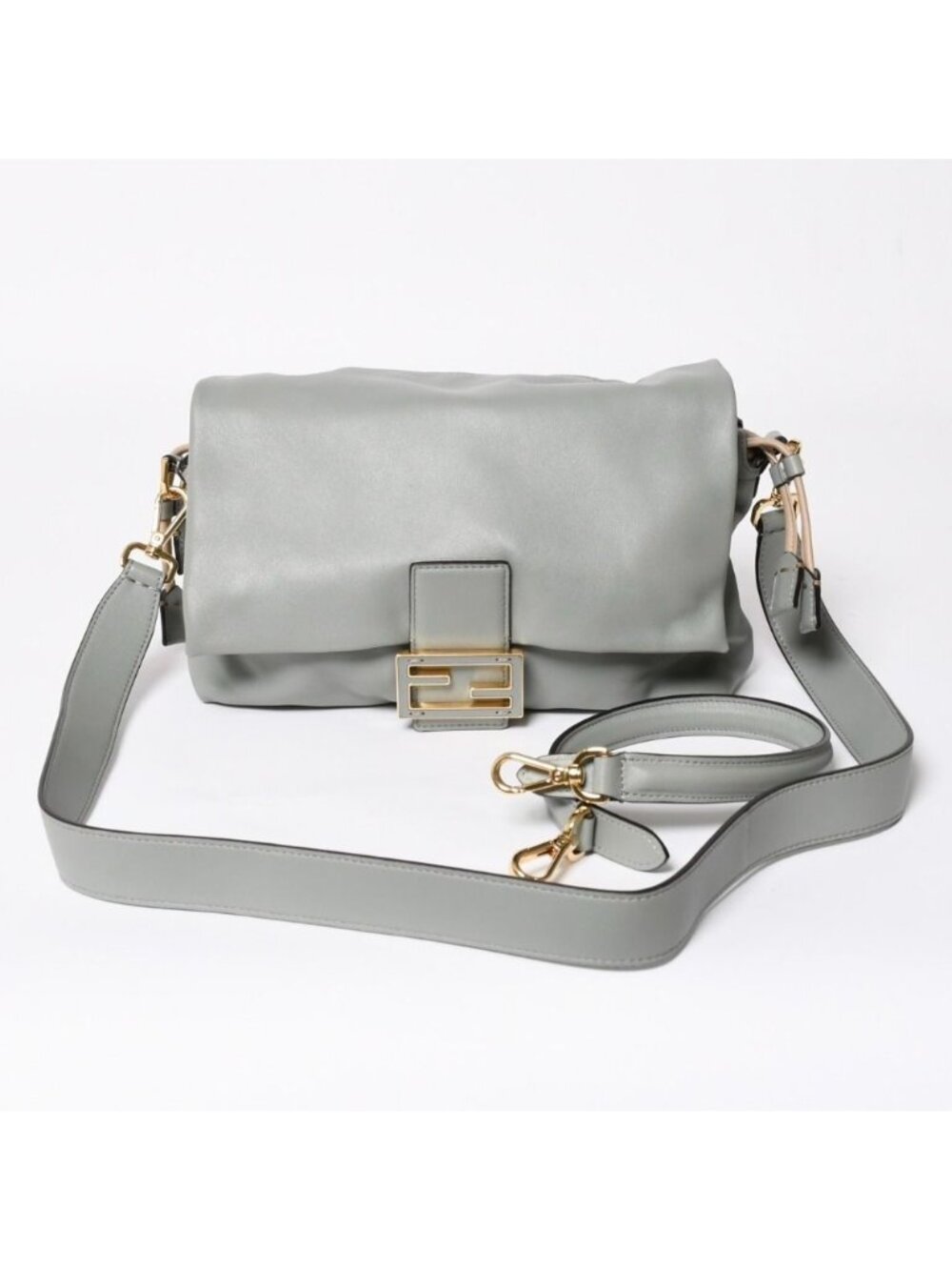 Fendi Mamma Bucket Shoulder Bag 2-Way FF Logo Soft Lambskin Matcha Green Gold